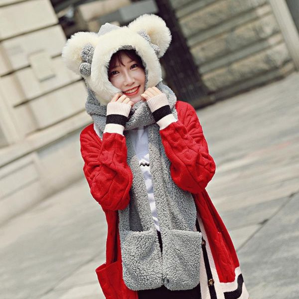 

scarves 3 in 1 soft sweat absorb women winter hat thick plush one piece with gloves outdoor cute washable fashion warm scarve solid, Blue;gray