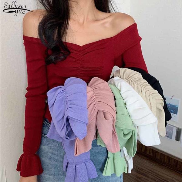 

solid pullover ruffle pleated blouse autumn butterfly sleeve knitted women slash neck expose clavicle shirt 12335 210417, White