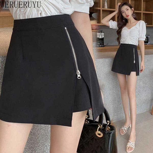 

werueruyu women ladies high waisted slit skirts short mini skirts female bodycon zip party club clothes 210608, Black