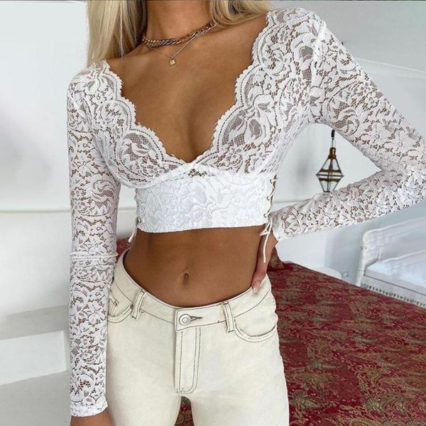 

women's t-shirt elegant lace women bandage crop fall skinny casual high streetwear low-cut v neck backless clubwear t-shirts, White