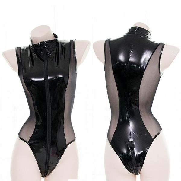 

lingerie anime underwear babydoll latex pu leather voile zipper crotchless body encaje bodysuit lingerie teddy swimsuit, Red;black