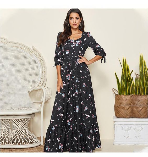 

spring autumn fashion women maxi long dress single button vintage elegant v-neck printing party vestido casual dresses, Black;gray