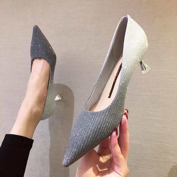 

dress shoes pumps women high heels female 2021 style thin pointed toe shallow mouth bling fashion, Black