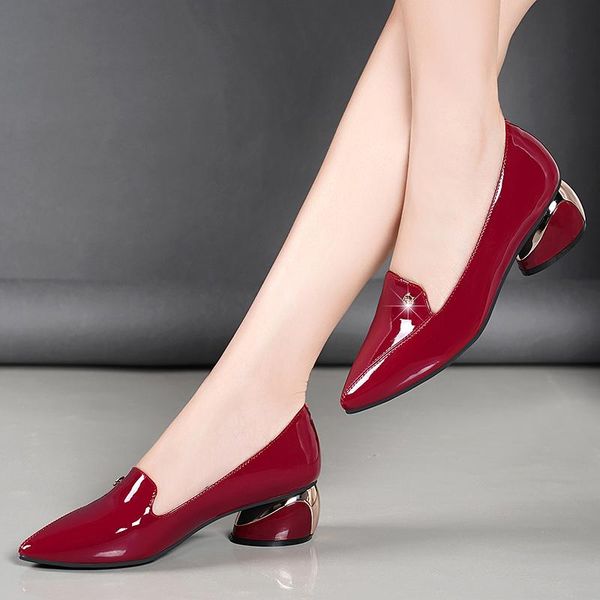 

plus size 34-42 ol office lady shoes black patent leather dress pointed toe boat med heels pumps zapatos mujer