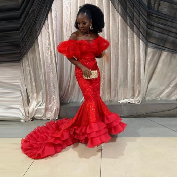 

party dresses red lace off the shoulder prom aso ebi puffy short sleeves evening gowns south african tiered sweep train, White;black