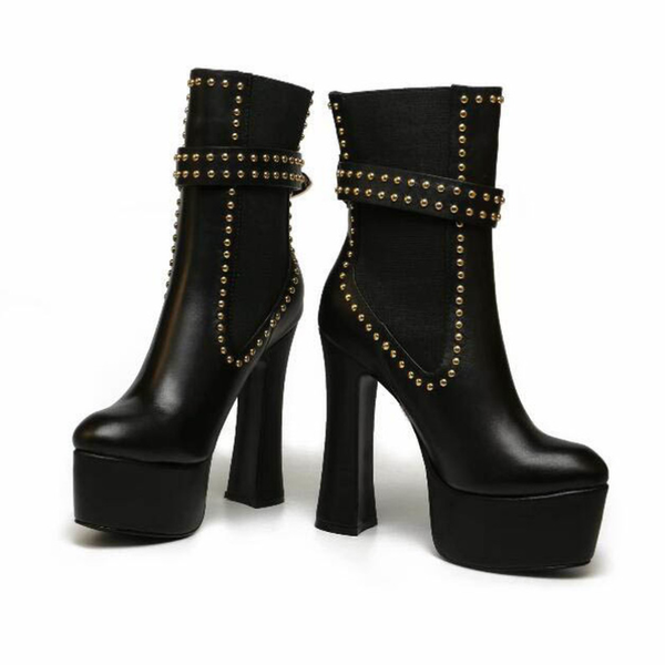 

big metal chain square heels genuine leather solid color women boot luxury brand designer solid color short boots for women new, Black