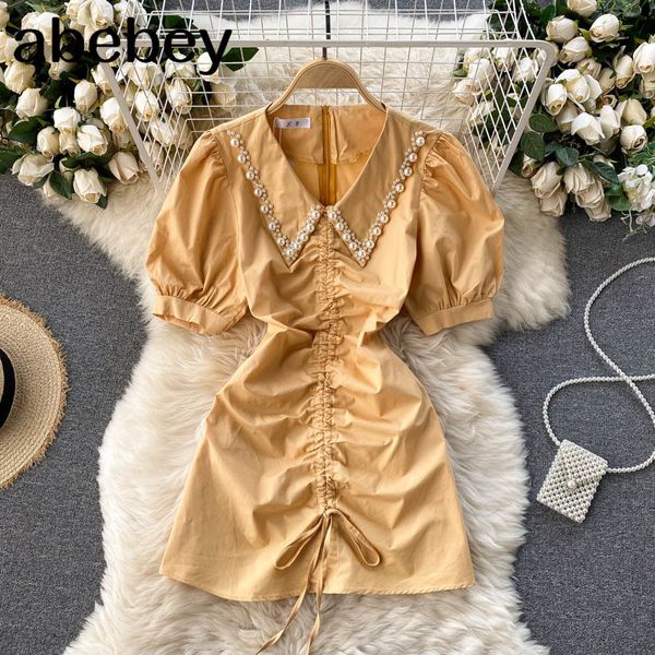 

women elegant french dress sweet puff sleeve lace v neck es summer casual chic streetwear a-line midi 210512, Black;gray