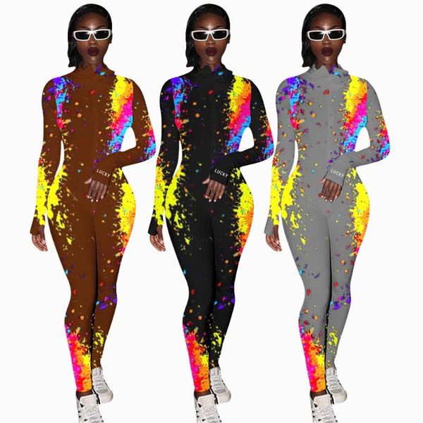 

colorful paint-splashing style women jumpsuits female o-neck zipper full sleeve cuff embroider skinny rompers 2021 autumn est women's &, Black;white
