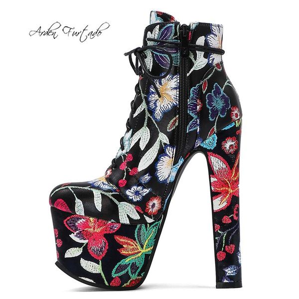 

boots arden furtado 2021 winter fashion printing coarse with high heels waterproof taiwan cross strap red black yellow short