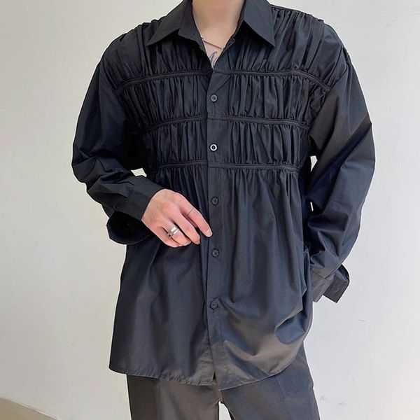 

men's casual shirts 2021 autumn turn-down collar long sleeve shirt for men single pocket loose japan style pleated clothing, White;black