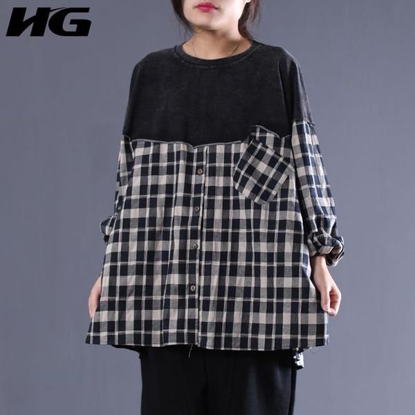 

women's blouses & shirts [hg] loose women korea fashion 2021 spring patchwork o-neck full sleeve shirt female pleated button plaid casu, White