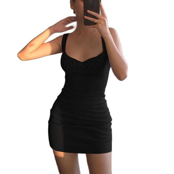 

casual dresses 2021 summer women's bow pleated suspender u-neck dress, Black;gray