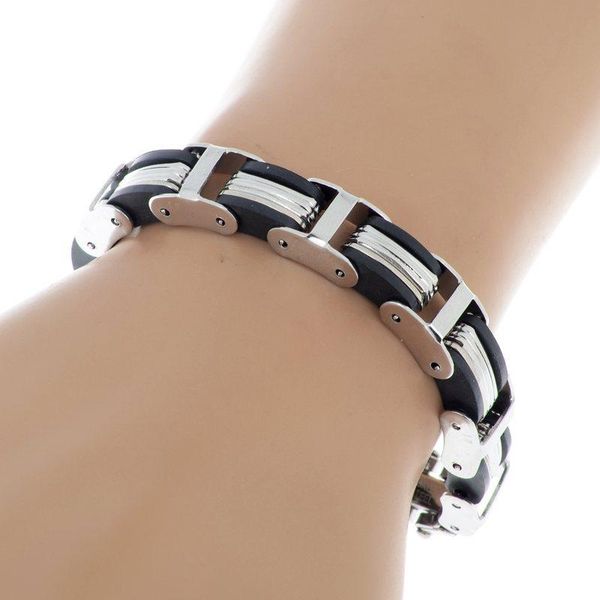 

12pcs/lot mix style chain link wristband bangle cuff men stainless steel bracelet rubber jewelry wholesale link,, Black