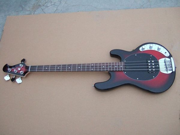 

four-string electric bass, black circle, red body, black guard board, rosewood fingerboard