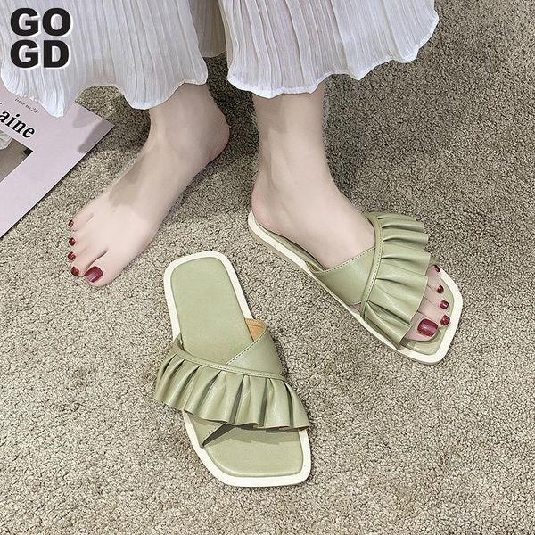 

slippers [gogd]2021 pleated summer wear candy color beach small fresh flat, Black