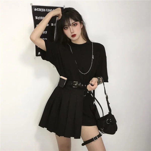 

skirts fashion suit 2021 summer korean version ins irregular cool handsome pleated skirt female loose black t-shirt two-piece