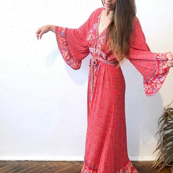 

boho red rayon floral print womens dress summer v neck with adjustable belt gypsy maxi women vestidos, Black;gray