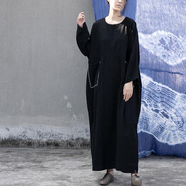 

casual dresses qpfjqd cotton linen women long robes retro embroidery 2021 autumn summer o neck pockets, Black;gray