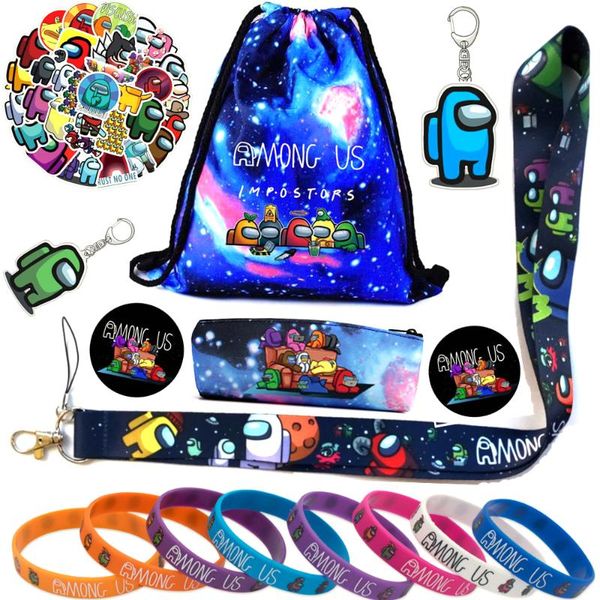 

a-mong game gift set - stickers/drawstring bag backpack/face mask/phone holder/keychain/button pins/pillowcase/lanyard backpack