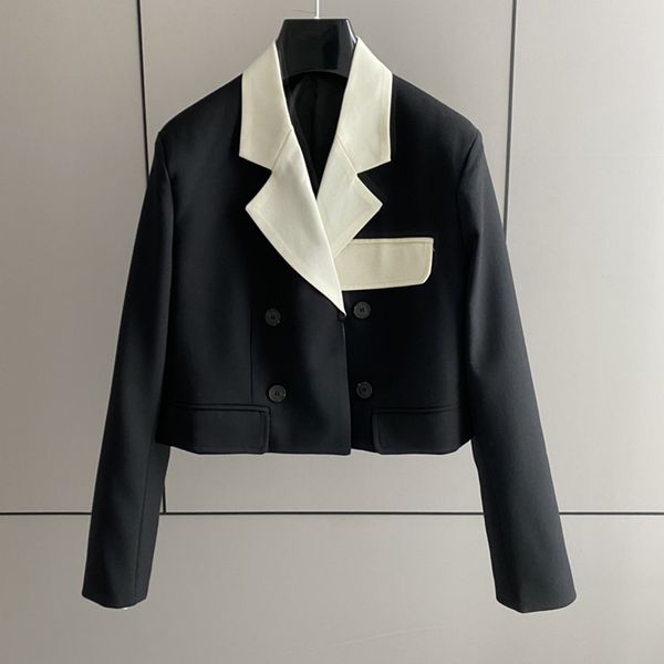 

french lapel color matching double breasted short coat, Black;brown