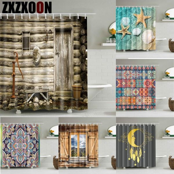 

mandala geometric moon wooden house shower curtains bathroom set waterproof polyester bath curtain with hooks