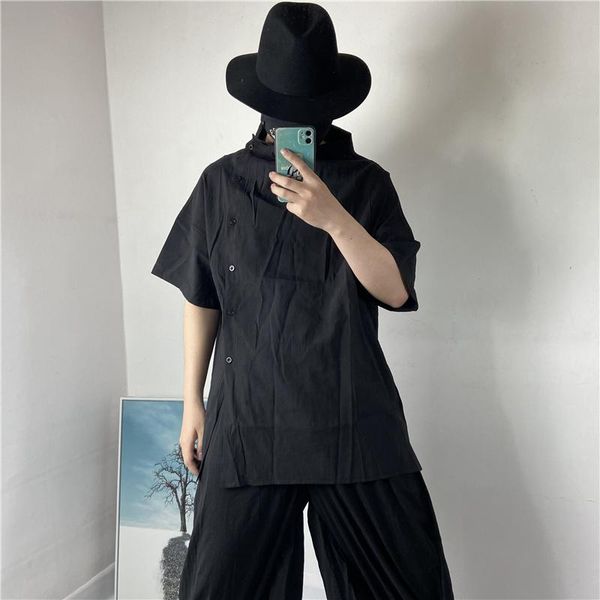 

summer original stage show designer short sleeve shirt men's dark wind stand collar side button casual shirts, White;black