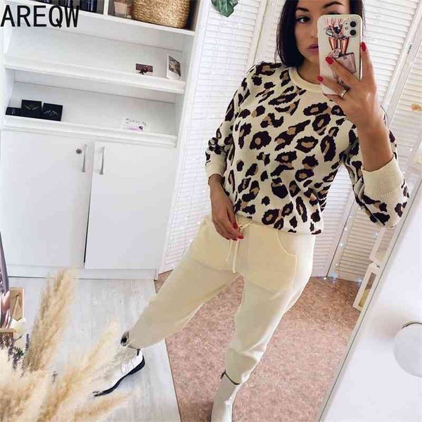 

women's two piece pants fashion leopard print knitted sweater suit female spring and autumn new korean style and pants, White