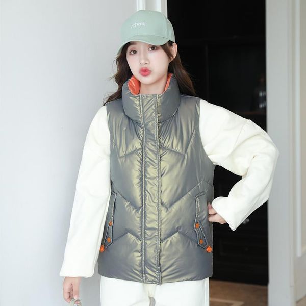 

women's vests winter women glossy thick sleeveless vest jacket stand collar casual loose cotton padded female short down waistcoat, Black;white