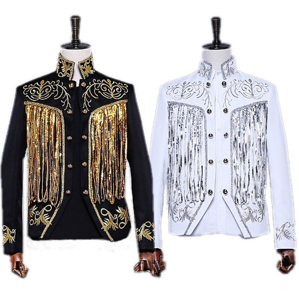 

sequin tassel blazer men stand collar casual mens wedding suit weddingjacket stage singer performance nightclub costume homme 210524, White;black