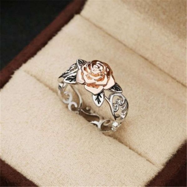 

14k rose flower and 925 silver plated engagement ring for women, Black