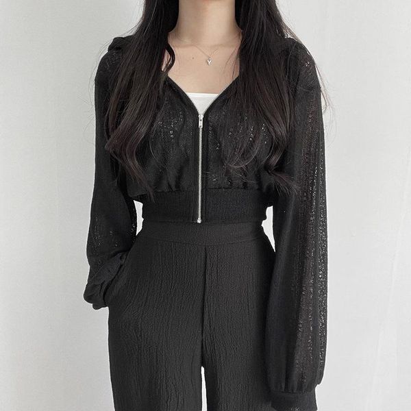 

women's jackets 2021 retro korea spring fashion solid color hooded sweater coat casual thin long sleeve knitted sunscreen shirts, Black;brown