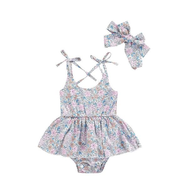 

rompers baby girls sweet style summer floral printing lace up shoulder strap sleeveless suspender romper +headwear set 2pcs outfit 0-24m, Blue