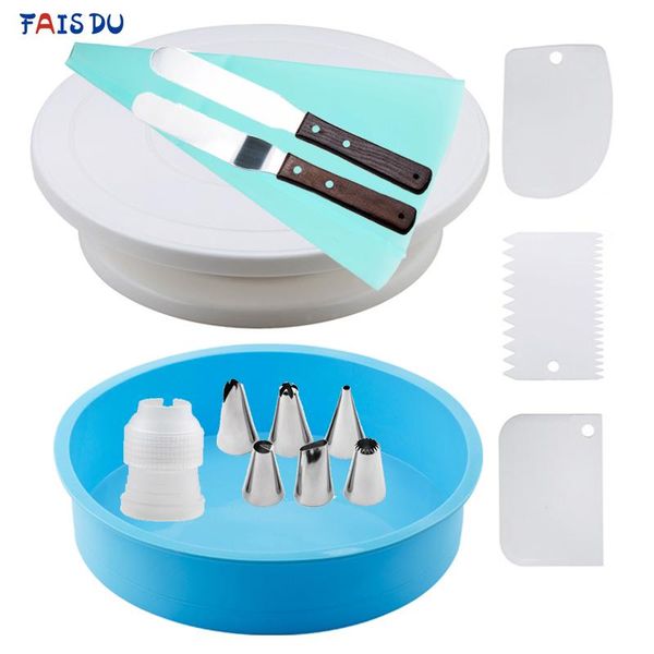 

cake turntable silicone pastry bag stainless steel nozzle scraper smoother decorating set random round mold baking tools &