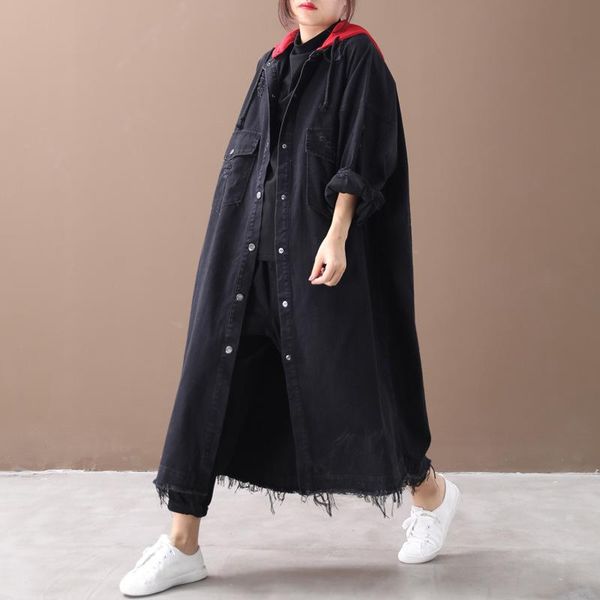 

women's trench coats 2021 spring autumn clothes fashion korean ladies denim womens hooded oversized vintage long windbreakers m267, Tan;black