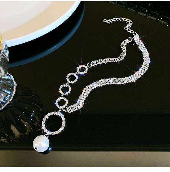 

style full diamond large ring pearl lace women's bone chain net red neck band simple versatile collar, Silver