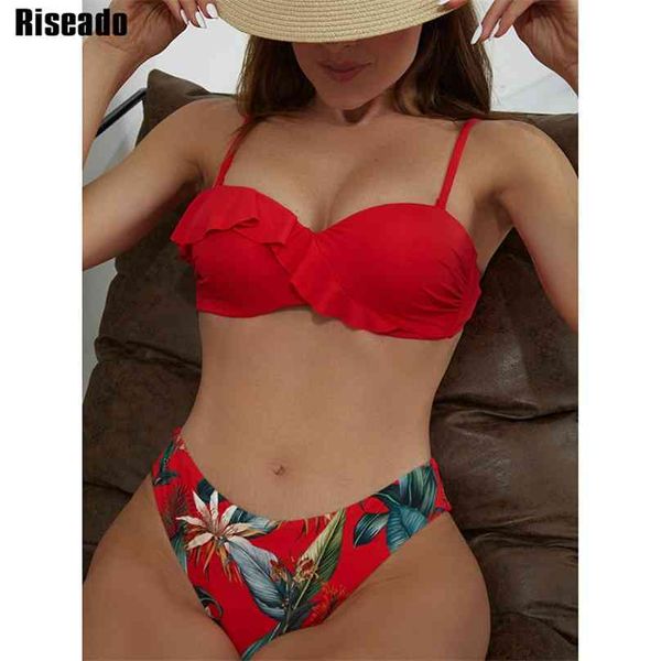 Riseado Sexy Bikinis Push Up Swimwear Mulheres Swimsuits Red Ruffle Biquini Floral Impressão Biquini Thong Banhando Ternos Verão 210611