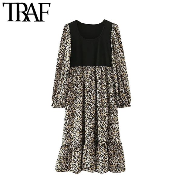 

women chic fashion patchwork floral print ruffled midi dress vintage o neck long sleeve female dresses mujer 210507, Black;gray
