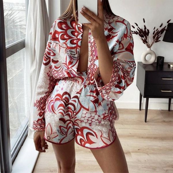 

women's t-shirt vintage women red print shorts suit 2021 summer fashion ladies loose casual boho two piece set girls chic shirts sets, White
