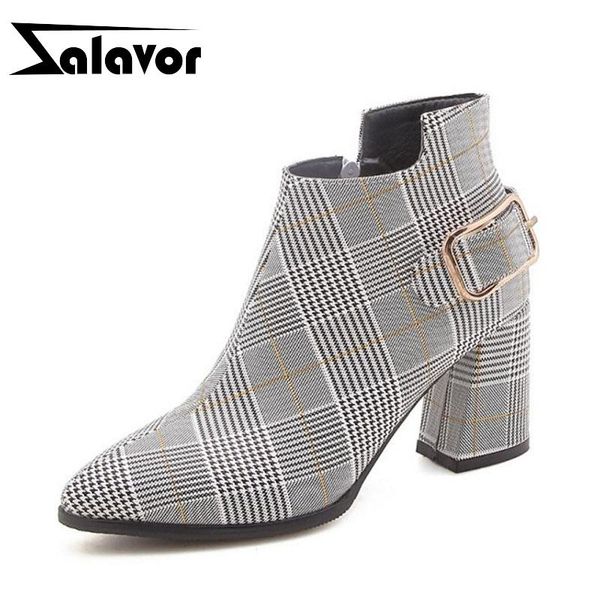 

boots zalavor big size 32-47 winter ankle women fashion stripe plaid brand warm fur shoes zipper buckle high heel, Black