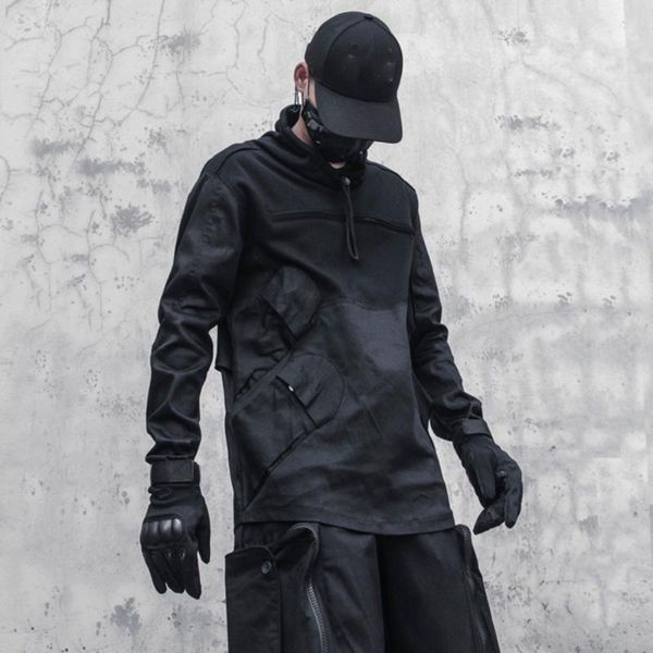 

men's hoodies & sweatshirts aogz patchwork turtleneck techwear autumn pullover hip hop long sleeve tee shirts streetwear punk clothes, Black