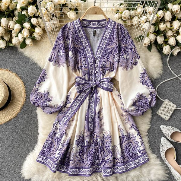 

singreiny women retro print dress chic puff sleeve v neck belt single breasted dress spring court wind streetwear dress, Black;gray