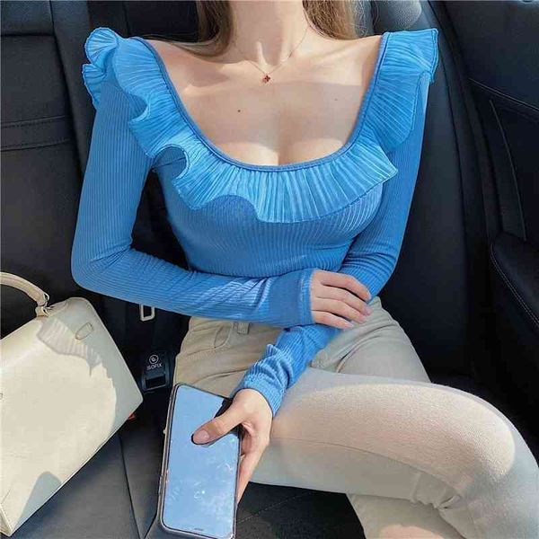 

matakawa knitted t-shirt women's long-sleeved spring o-neck t shirts mesh ruffle stitching cropped 210513, White