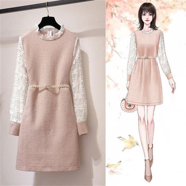 

casual dresses ichoix woolen winter dress lace sleeve elegant midi pearl belt cute long korean, Black;gray