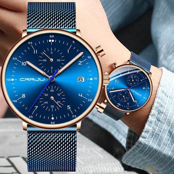 

wristwatches men watch crrju luxury man stainless steel wristwatch men's military full date quartz watches waterproof erkek kol saati, Slivery;brown