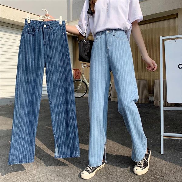 

women's jeans summer thin straight loose high-waisted wide-leg pants split striped women, Blue