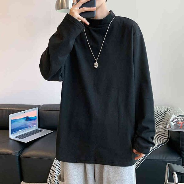 

half high collar veet shirt large loose fat long sve t-shirt autumn winter men's bottoming shirt men's, White;black