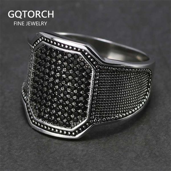 Anelli in argento massiccio 925 Cool Retro Vintage Anello turco Gioielli da sposa per uomo Nero Zircone Pietra Design curvo Confortevole Adatto 211217