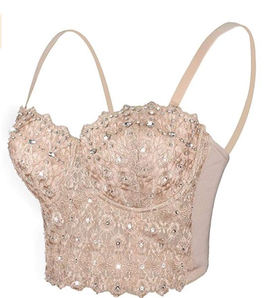 Per donna Pizzo strass Bustier Crop Top Canotta Clubwear Sexy Corsetto in rete Reggiseno push-up Moda Canotte Champagne Nero Bianco XS-L