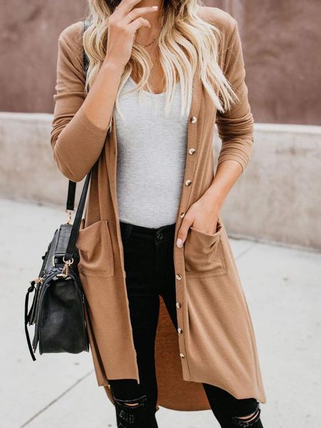 

women's knits & tees knitted elegant long women sweater v-neck pocket sleeve cardigan fashion vintage single breasted open stitch coat, White