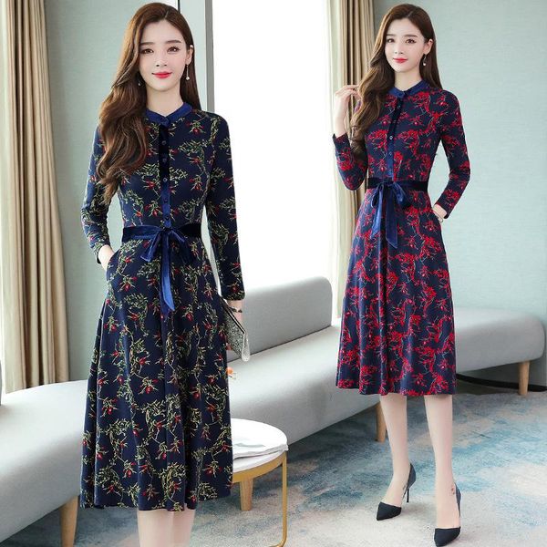 

casual dresses 2021 autumn winter arrival retro flower printed long sleeve stand collar collect waist women cotton dress, Black;gray